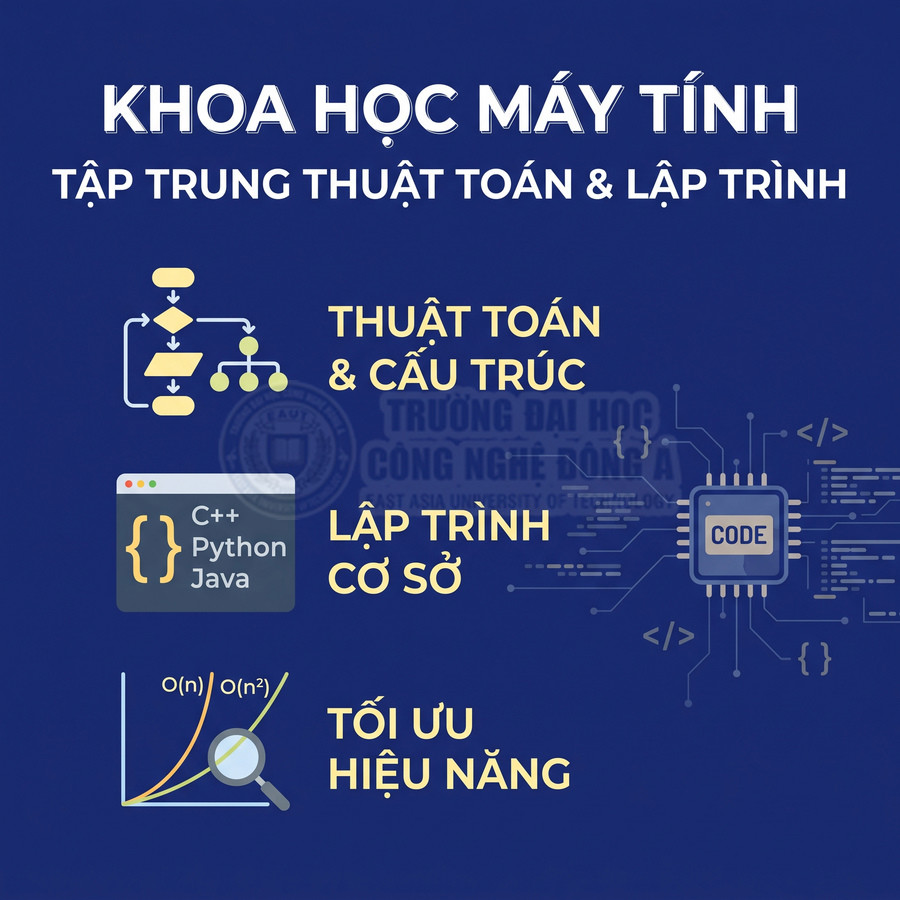Poster giới thiệu ngành khoa học máy tính tập trung thuật toán, lập trình C++ Python Java và tối ưu hiệu năng
