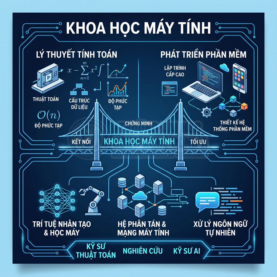 Infographic khoa học máy tính với các lĩnh vực lý thuyết tính toán, phát triển phần mềm, AI, mạng máy tính và xử lý ngôn ngữ