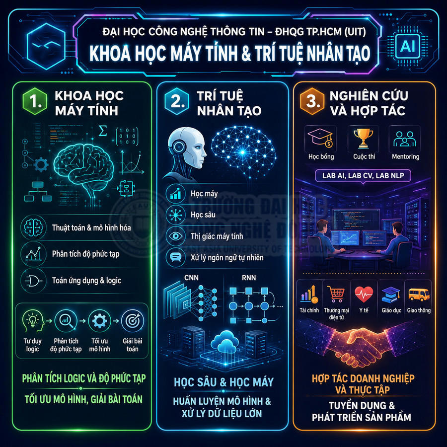 Infographic giới thiệu ngành Khoa học máy tính và Trí tuệ nhân tạo tại Đại học Công nghệ Thông tin UIT