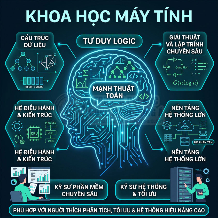 Minh họa ngành khoa học máy tính với tư duy logic, cấu trúc dữ liệu, giải thuật, hệ điều hành và nền tảng hệ thống lớn