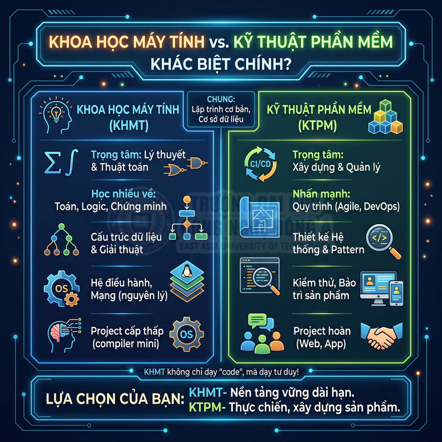 Infographic so sánh sự khác nhau giữa ngành Khoa học máy tính và Kỹ thuật phần mềm bằng tiếng Việt
