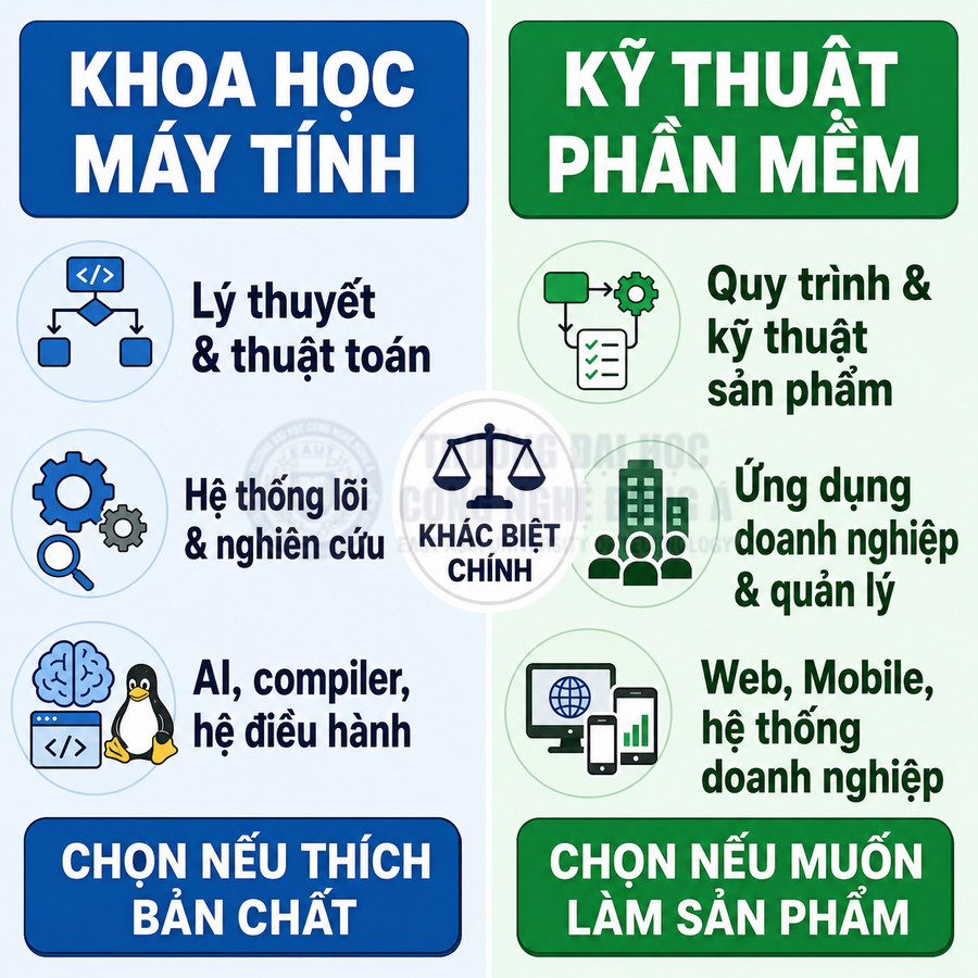 So sánh ngành khoa học máy tính và kỹ thuật phần mềm, nêu điểm khác biệt và gợi ý chọn ngành phù hợp