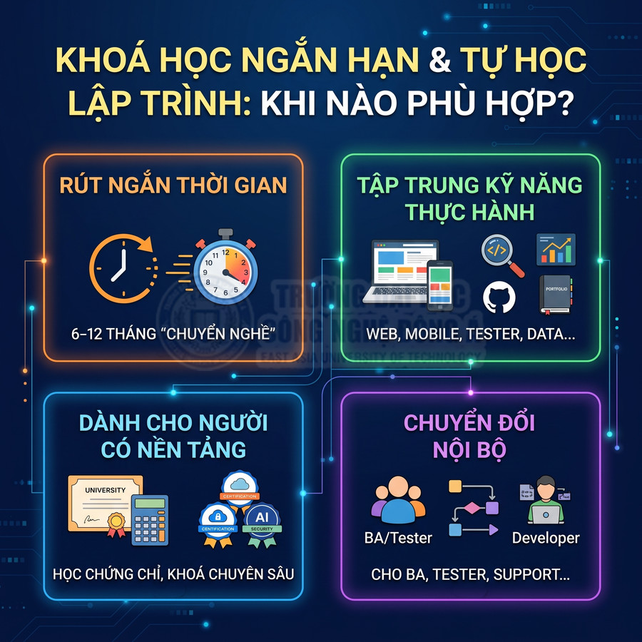 Infographic giới thiệu lợi ích khóa học ngắn hạn và tự học lập trình cho người muốn chuyển nghề và nâng cao kỹ năng