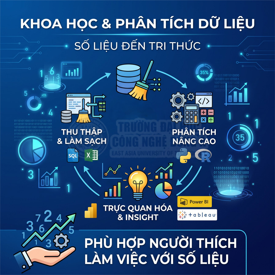Poster giới thiệu ngành khoa học và phân tích dữ liệu với quy trình thu thập, làm sạch, phân tích và trực quan hóa số liệu