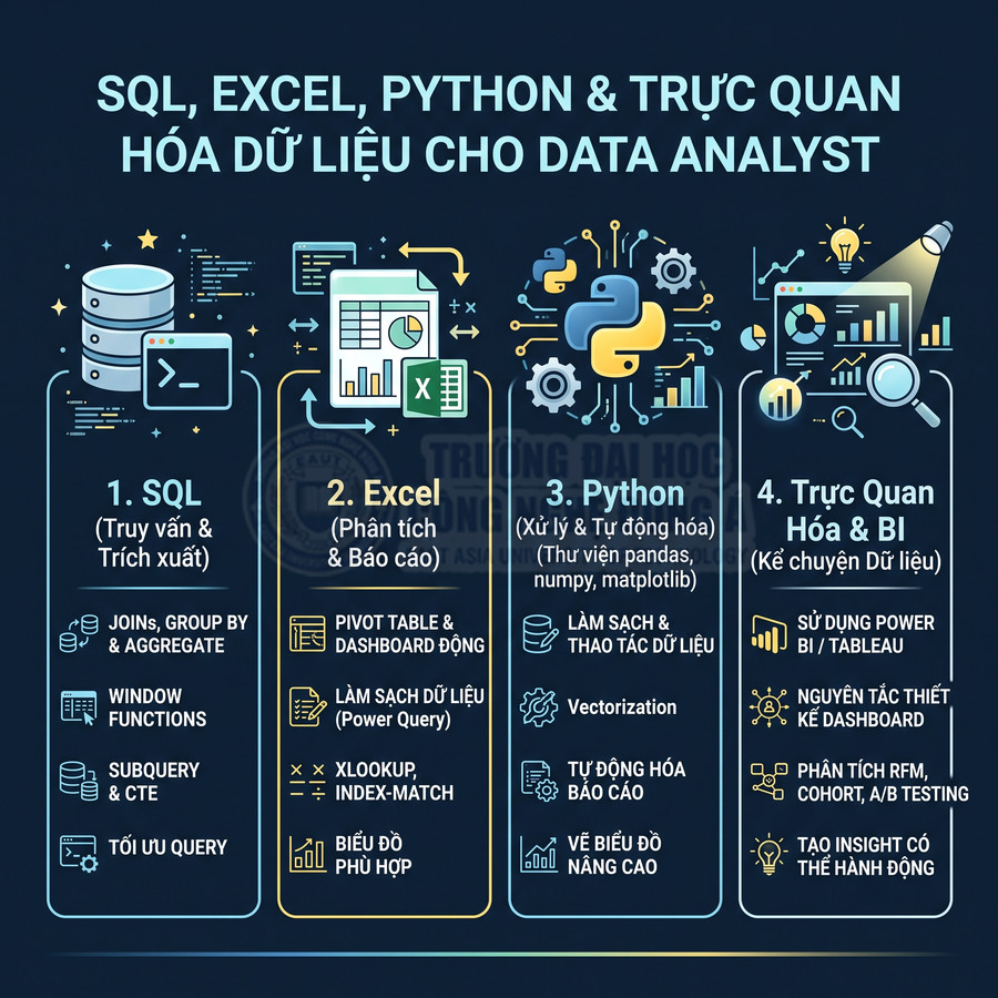 Khóa học SQL, Excel, Python và trực quan hóa dữ liệu cho Data Analyst với nội dung kỹ năng chi tiết