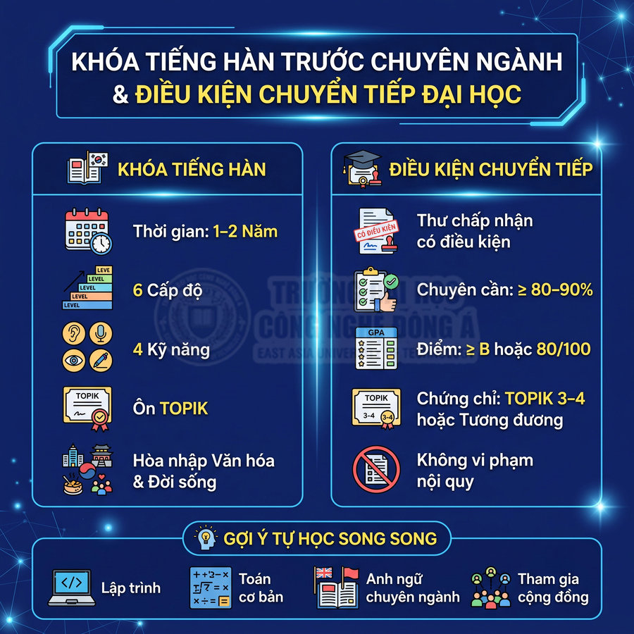 Infographic khóa tiếng Hàn trước chuyên ngành và điều kiện chuyển tiếp đại học tại Trường Đông Á