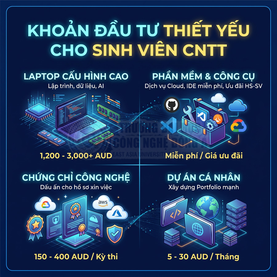 Infographic các khoản đầu tư cần thiết cho sinh viên CNTT gồm laptop cấu hình cao, phần mềm, chứng chỉ và dự án cá nhân