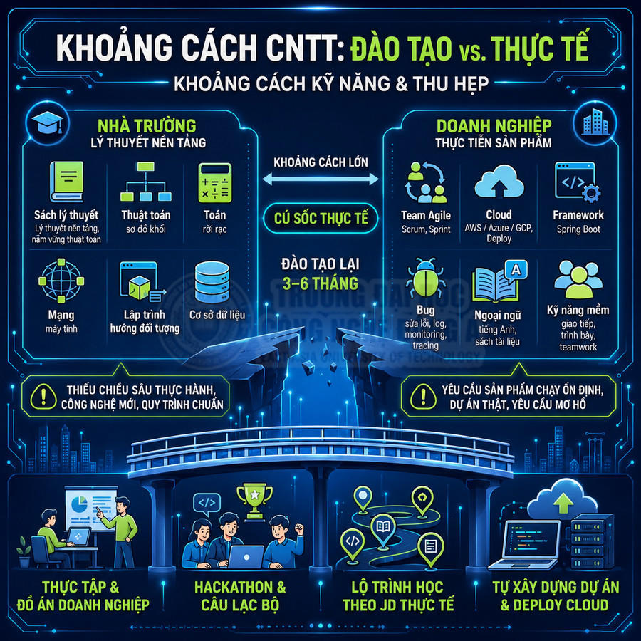 Infographic khoảng cách kỹ năng CNTT giữa đào tạo nhà trường và yêu cầu thực tế doanh nghiệp