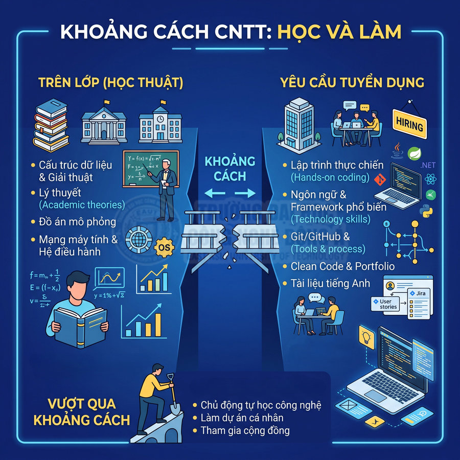 Infographic so sánh kiến thức CNTT trên lớp và kỹ năng thực tế nhà tuyển dụng yêu cầu, nhấn mạnh khoảng cách và cách vượt qua
