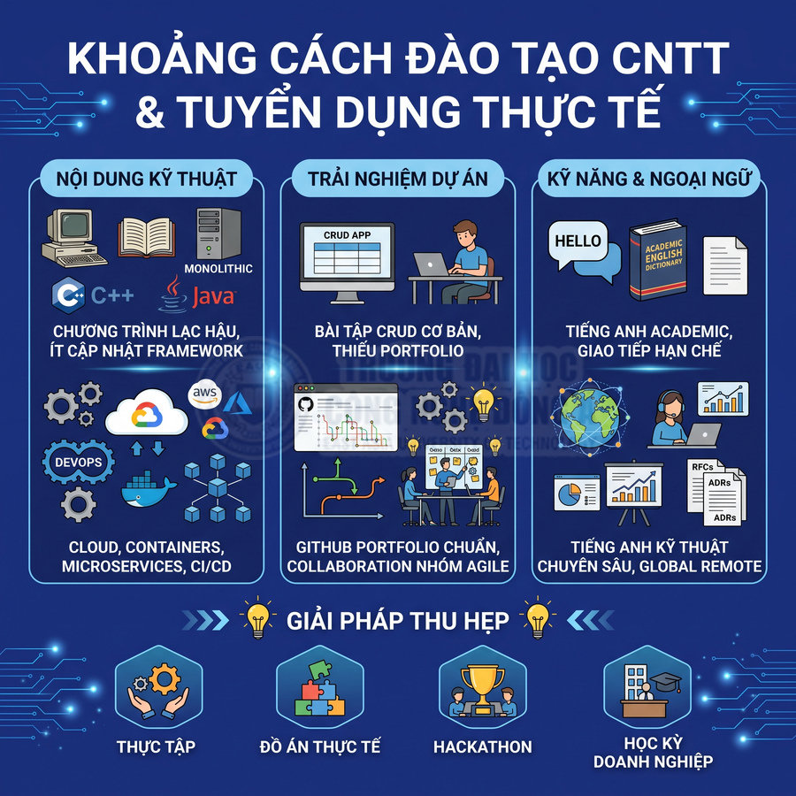 Infographic khoảng cách đào tạo CNTT và tuyển dụng, nội dung kỹ thuật, dự án, kỹ năng ngoại ngữ và giải pháp thực tập, hackathon