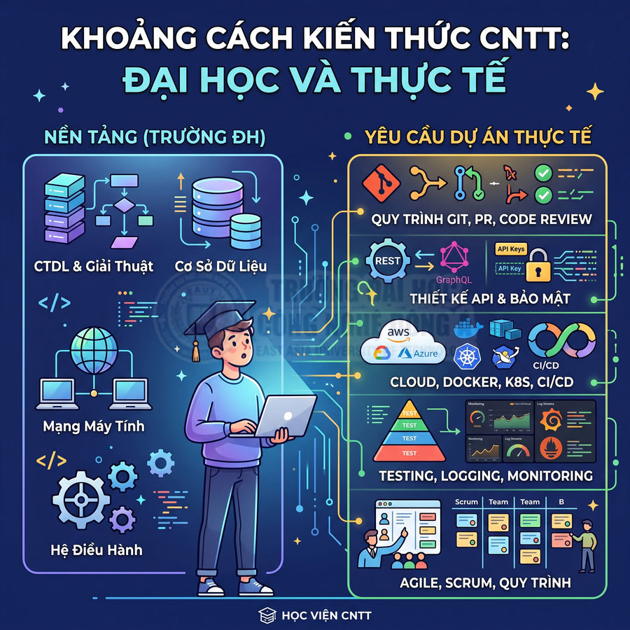 Infographic so sánh kiến thức CNTT đại học và kỹ năng thực tế như Git, API, cloud, testing, agile cho lập trình viên