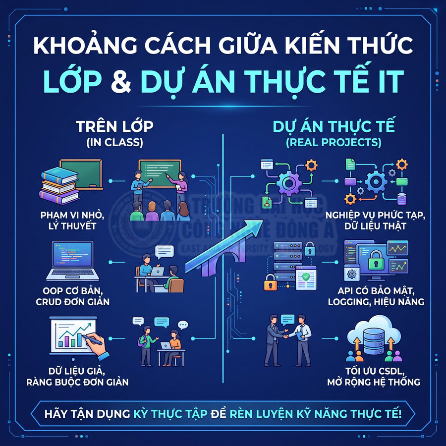 So sánh kiến thức IT trên lớp và dự án thực tế, khuyến khích thực tập để rèn kỹ năng lập trình và làm việc hệ thống