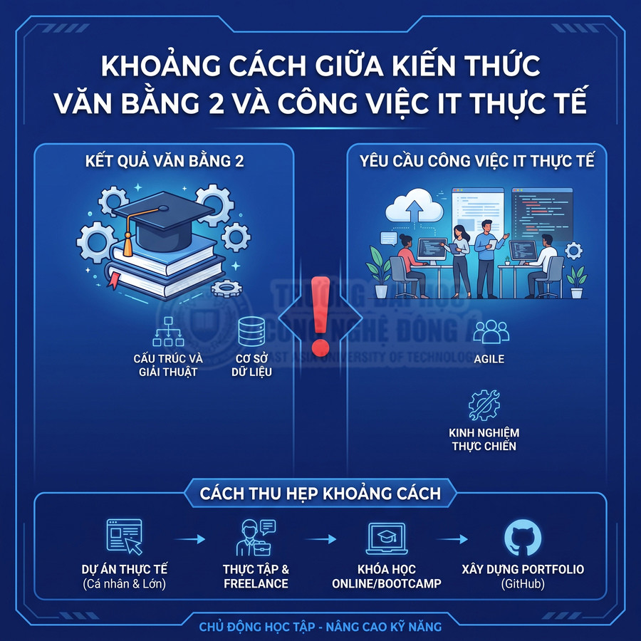 Khoảng cách giữa kiến thức văn bằng 2 và yêu cầu công việc IT thực tế cùng cách thu hẹp khoảng cách