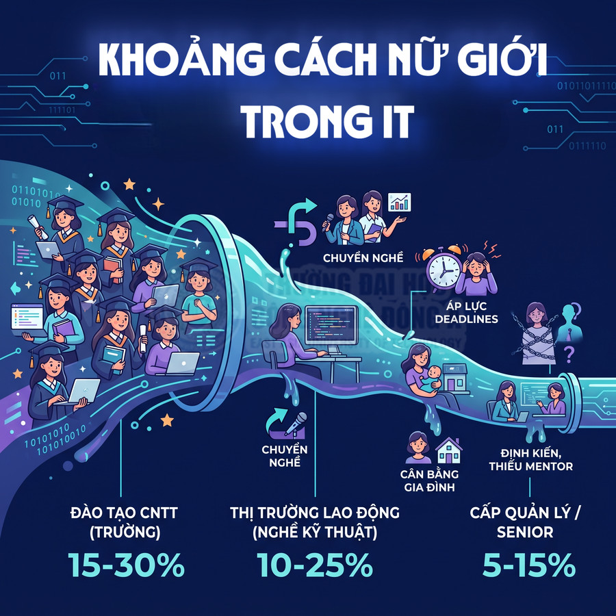 Khoảng cách giới trong ngành IT với tỷ lệ nữ giới từ đào tạo CNTT đến cấp quản lý senior