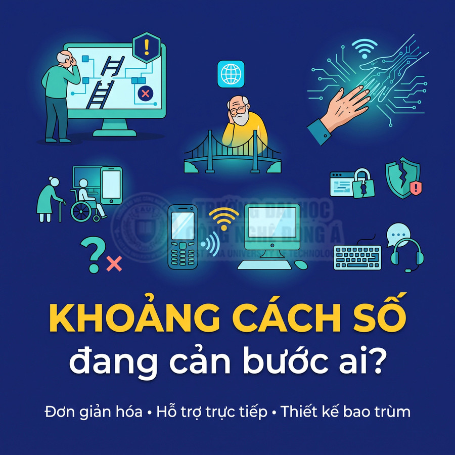 Minh họa khoảng cách số với người cao tuổi, người khuyết tật, thiết bị công nghệ và biểu tượng bảo mật số