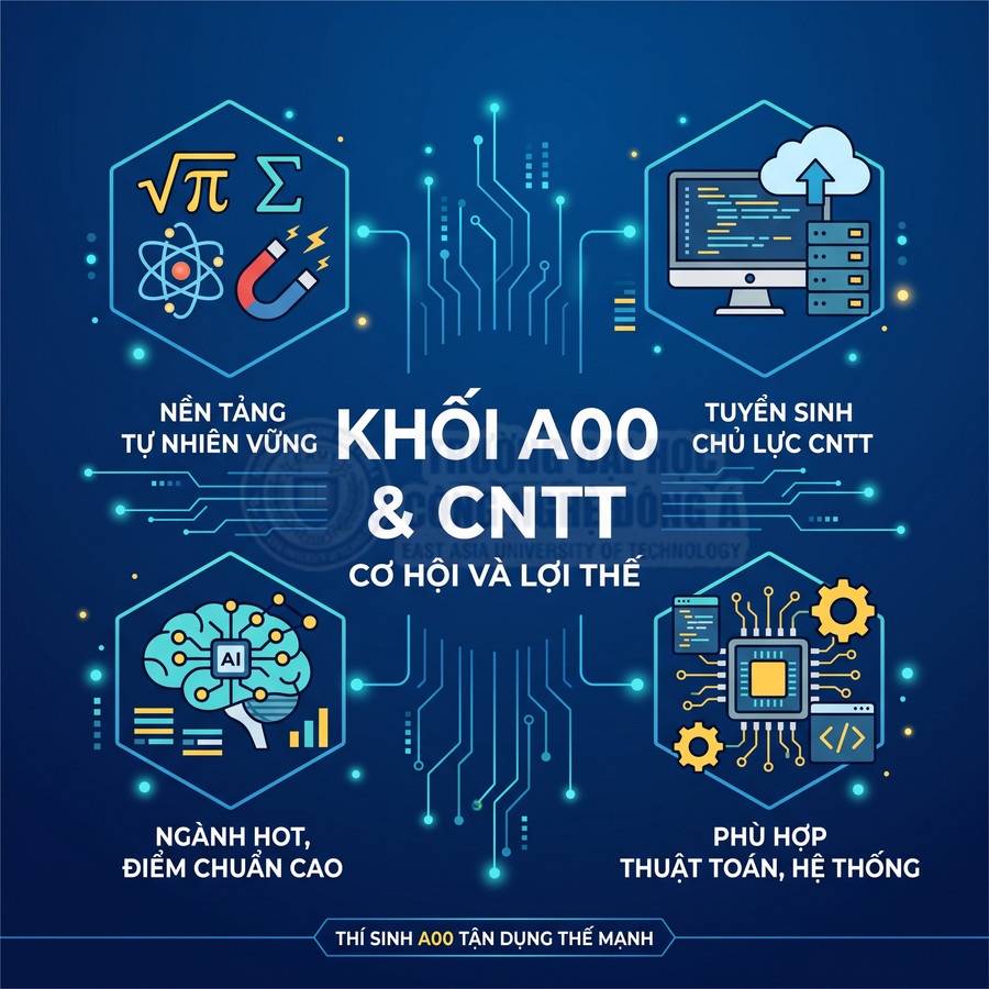 Poster giới thiệu cơ hội và lợi thế khối A00 và ngành công nghệ thông tin với các biểu tượng khoa học, AI, lập trình