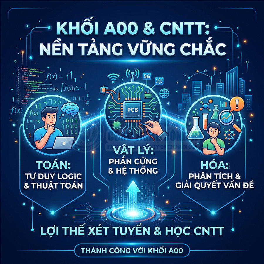 Poster giới thiệu lợi thế khối A00 với các môn Toán, Vật lý, Hóa làm nền tảng học công nghệ thông tin