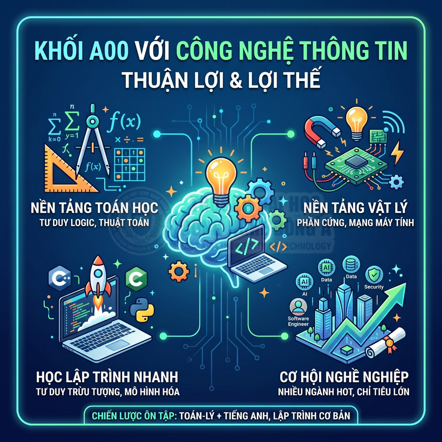 Infographic khối A00 với công nghệ thông tin, nêu nền tảng toán lý, học lập trình nhanh và cơ hội nghề nghiệp IT