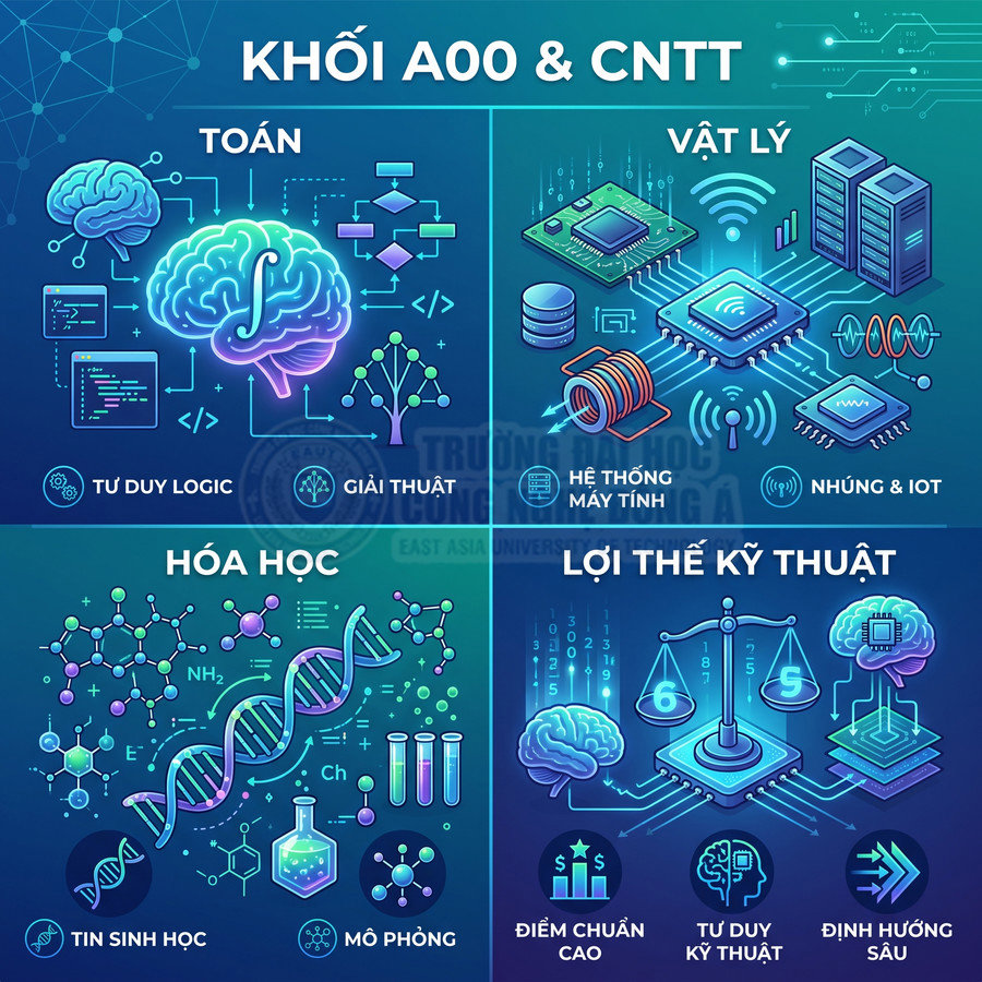 Minh họa khối A00 và CNTT với các biểu tượng toán, vật lý, hóa học và lợi thế kỹ thuật cho học sinh chọn ngành