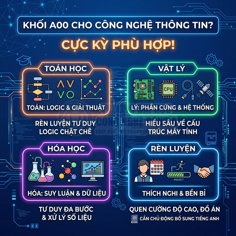Infographic khối A00 cho ngành công nghệ thông tin với các môn toán, lý, hóa và kỹ năng rèn luyện