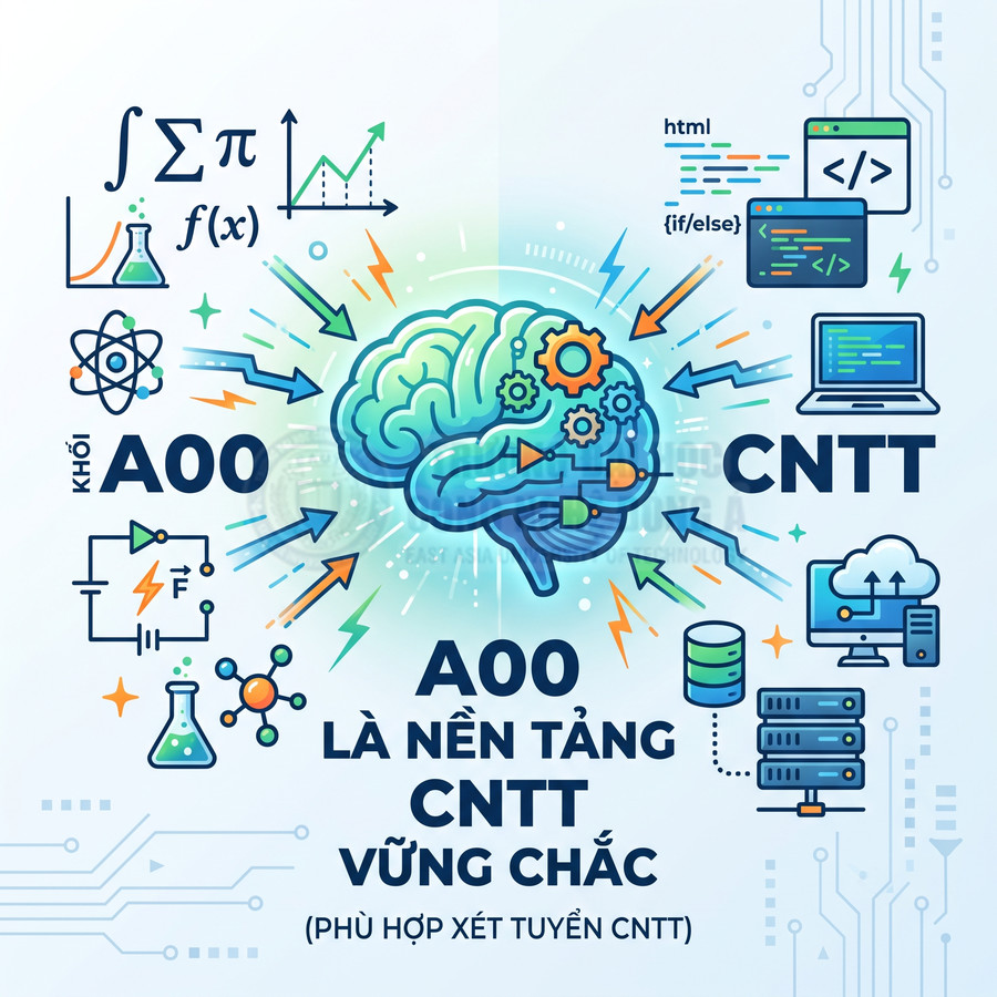 Minh họa khối A00 làm nền tảng vững chắc cho ngành công nghệ thông tin với não bộ và biểu tượng khoa học kỹ thuật