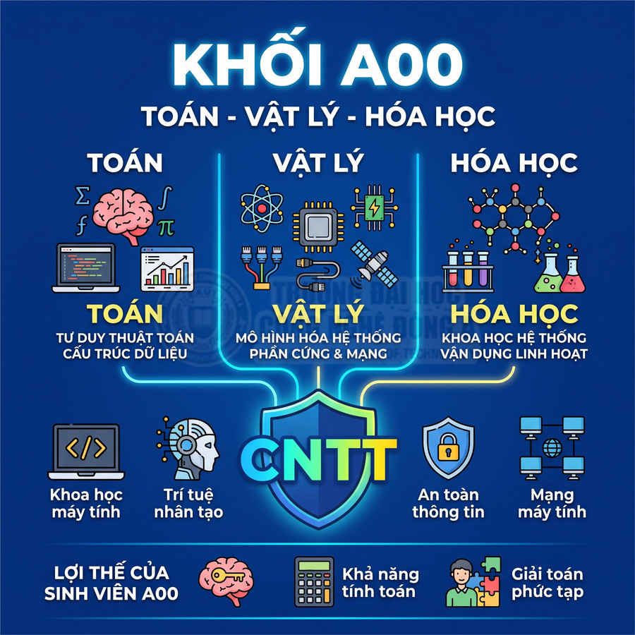 Infographic khối A00 Toán Lý Hóa và các ngành CNTT như khoa học máy tính, trí tuệ nhân tạo, an toàn thông tin