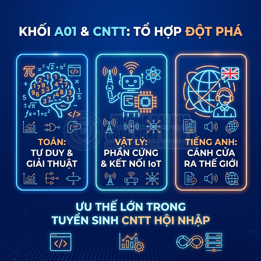 Poster tuyển sinh CNTT khối A01 với lợi thế môn Toán, Vật lý, Tiếng Anh và ứng dụng trong IoT, lập trình, hội nhập quốc tế