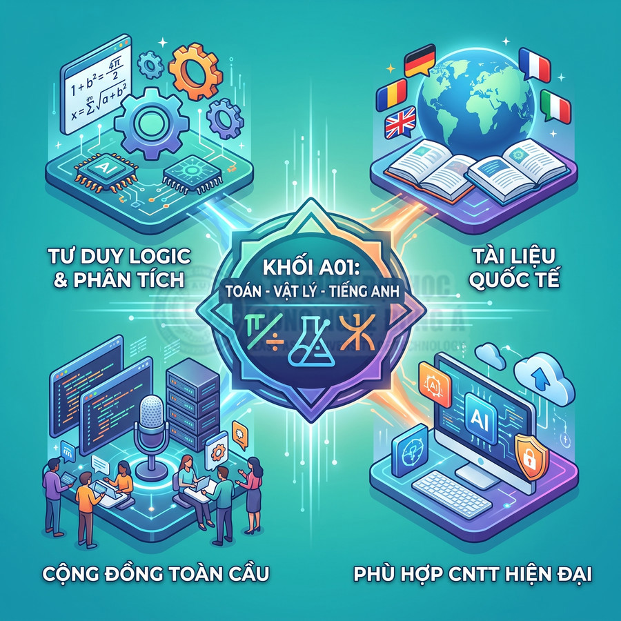 Infographic giới thiệu khối A01 Toán Lý Anh với tư duy logic, tài liệu quốc tế, cộng đồng toàn cầu và ứng dụng CNTT AI