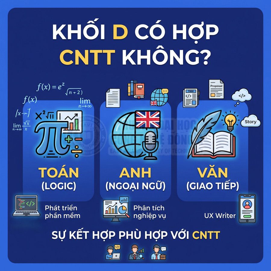 Khối D với các môn Toán Anh Văn và kỹ năng logic ngoại ngữ giao tiếp phù hợp ngành công nghệ thông tin