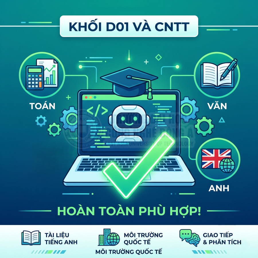 Khối D01 và CNTT với laptop lập trình, robot, biểu tượng Toán Văn Anh và thông điệp hoàn toàn phù hợp cho môi trường quốc tế