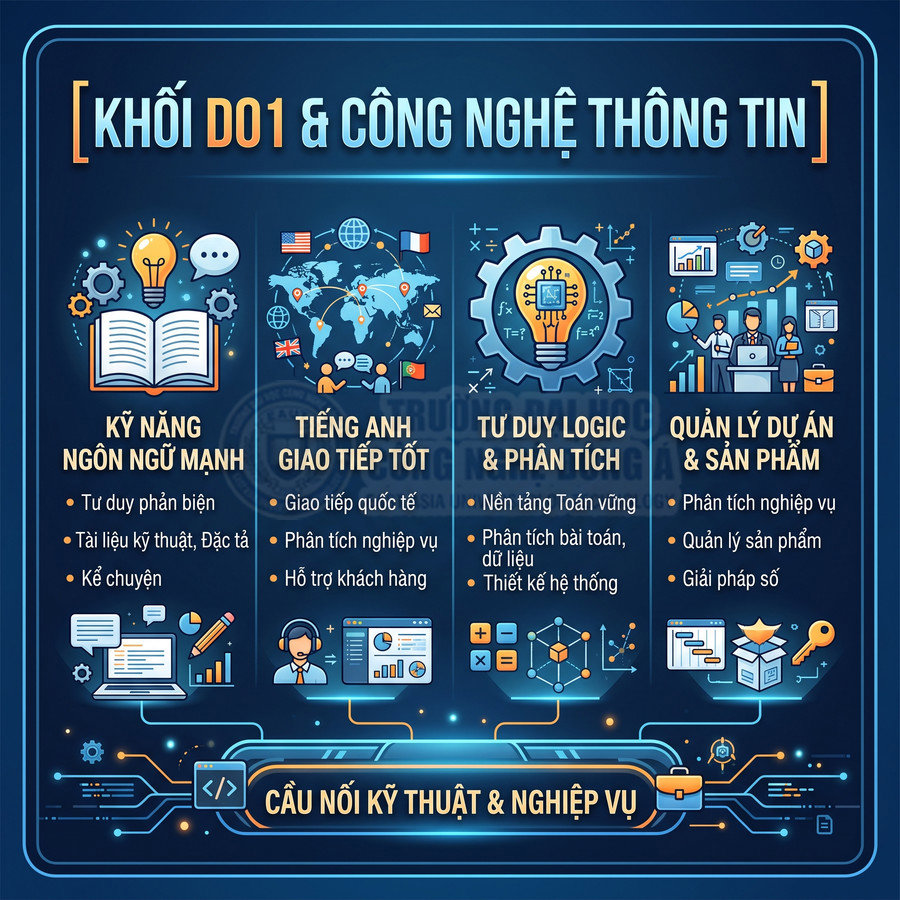 Khối D01 và công nghệ thông tin với kỹ năng ngôn ngữ, tiếng Anh, tư duy logic, quản lý dự án và cầu nối kỹ thuật nghiệp vụ