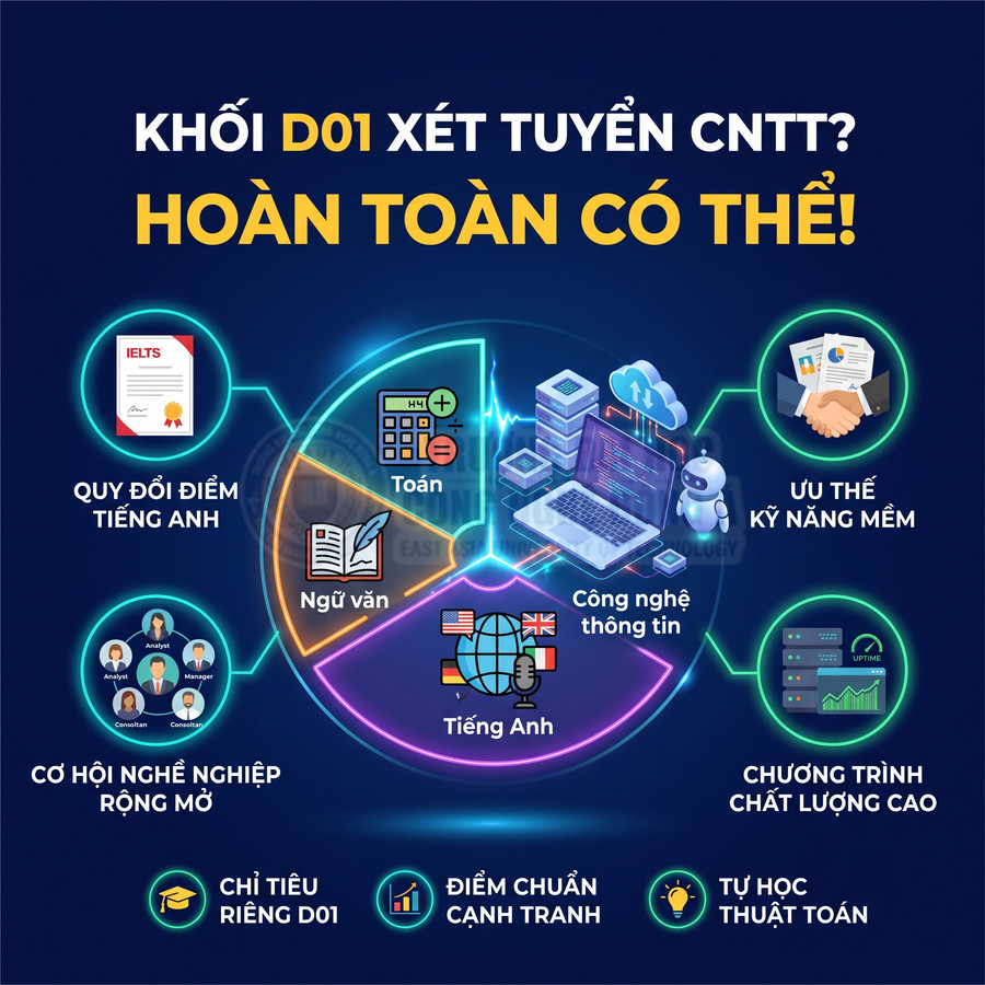 Khối D01 xét tuyển ngành công nghệ thông tin với các môn Toán Ngữ văn Tiếng Anh và nhiều cơ hội nghề nghiệp