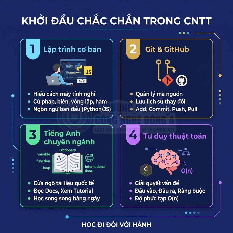 Infographic 4 bước khởi đầu chắc chắn trong CNTT gồm lập trình cơ bản, Git GitHub, tiếng Anh chuyên ngành và tư duy thuật toán