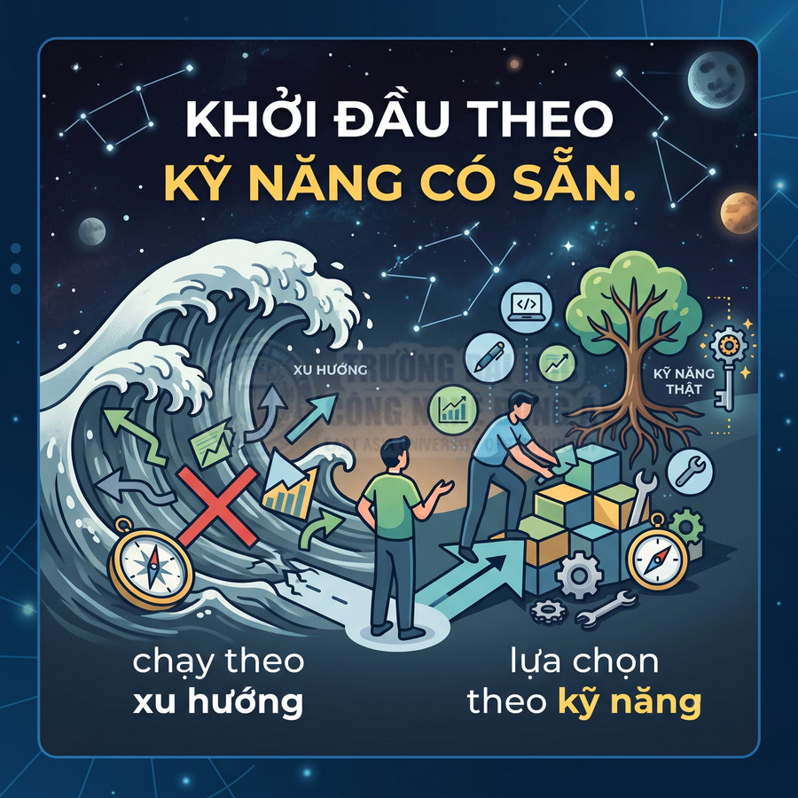 Minh họa so sánh chạy theo xu hướng với lựa chọn nghề nghiệp dựa trên kỹ năng sẵn có