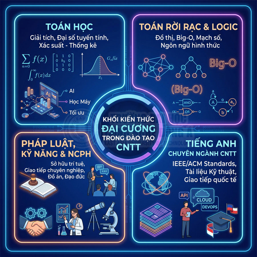 Infographic khối kiến thức đại cương trong đào tạo CNTT gồm toán, logic, pháp luật kỹ năng và tiếng Anh chuyên ngành