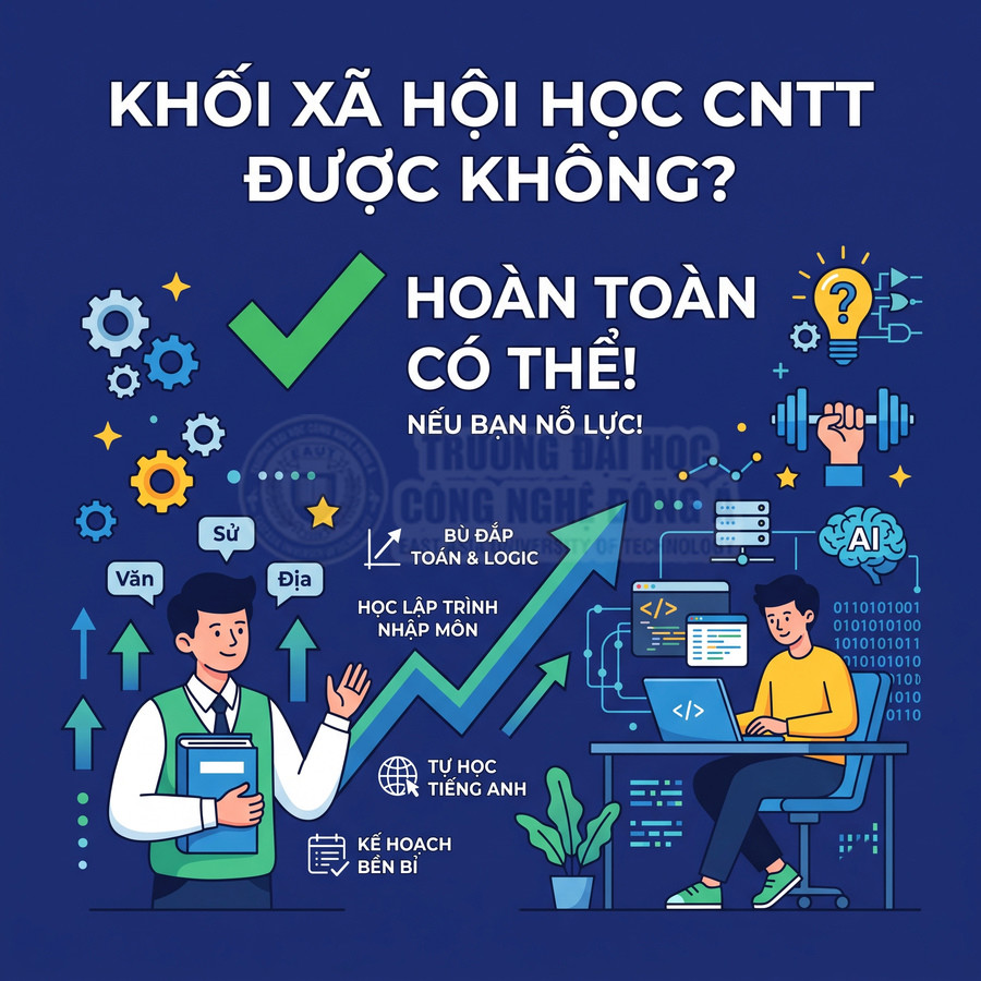 Poster tư vấn khối xã hội học công nghệ thông tin với hình minh họa sinh viên, biểu đồ tăng trưởng và biểu tượng lập trình AI