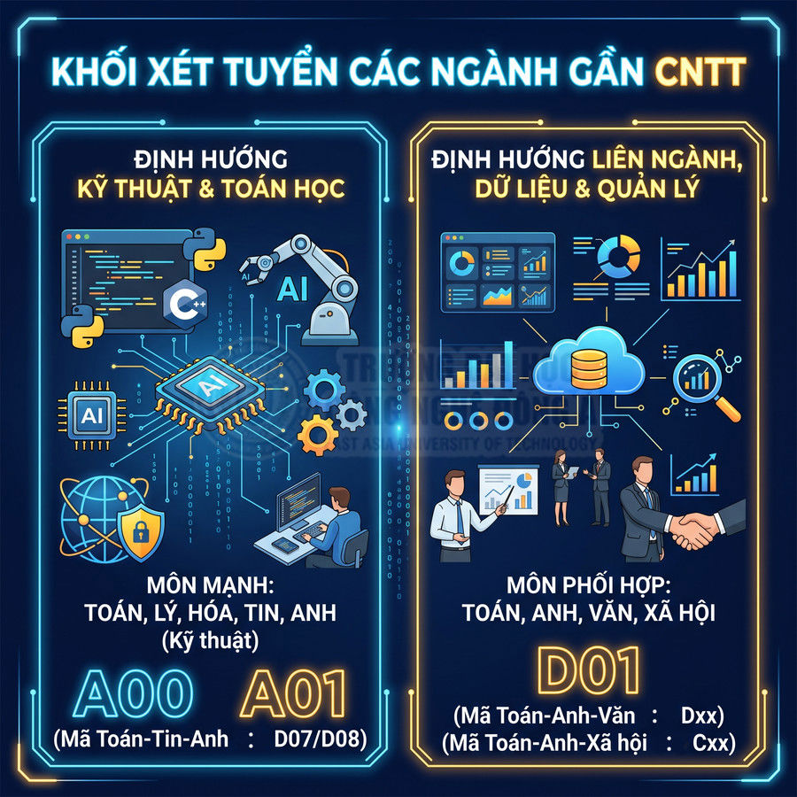Infographic khối xét tuyển các ngành gần CNTT với định hướng kỹ thuật, toán học, dữ liệu và quản lý