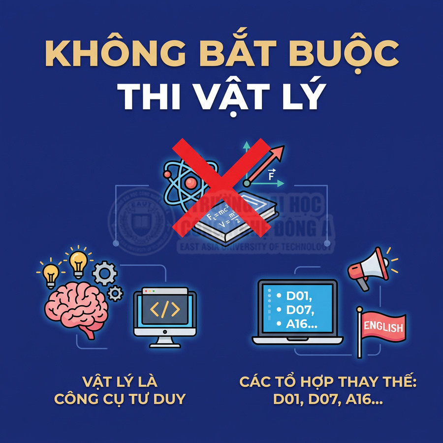 Poster tuyển sinh đại học thông báo không bắt buộc thi Vật lý, giới thiệu các tổ hợp thay thế D01 D07 A16