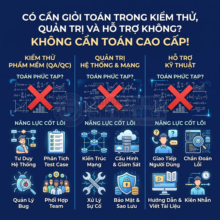 Infographic so sánh kỹ năng cốt lõi QA QC quản trị mạng và hỗ trợ kỹ thuật không cần toán cao cấp