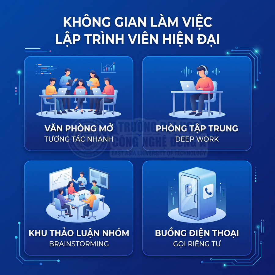 Không gian làm việc lập trình viên hiện đại với văn phòng mở, phòng tập trung, khu thảo luận nhóm và buồng điện thoại