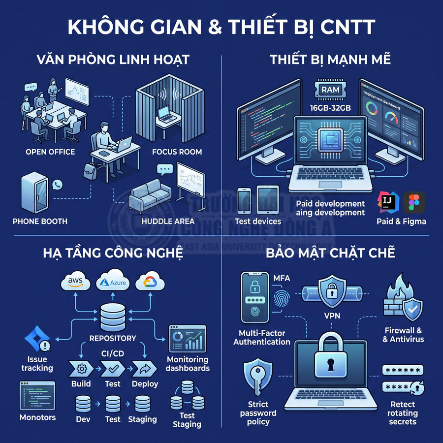 Mô tả không gian làm việc CNTT hiện đại với thiết bị mạnh, hạ tầng công nghệ và giải pháp bảo mật chặt chẽ