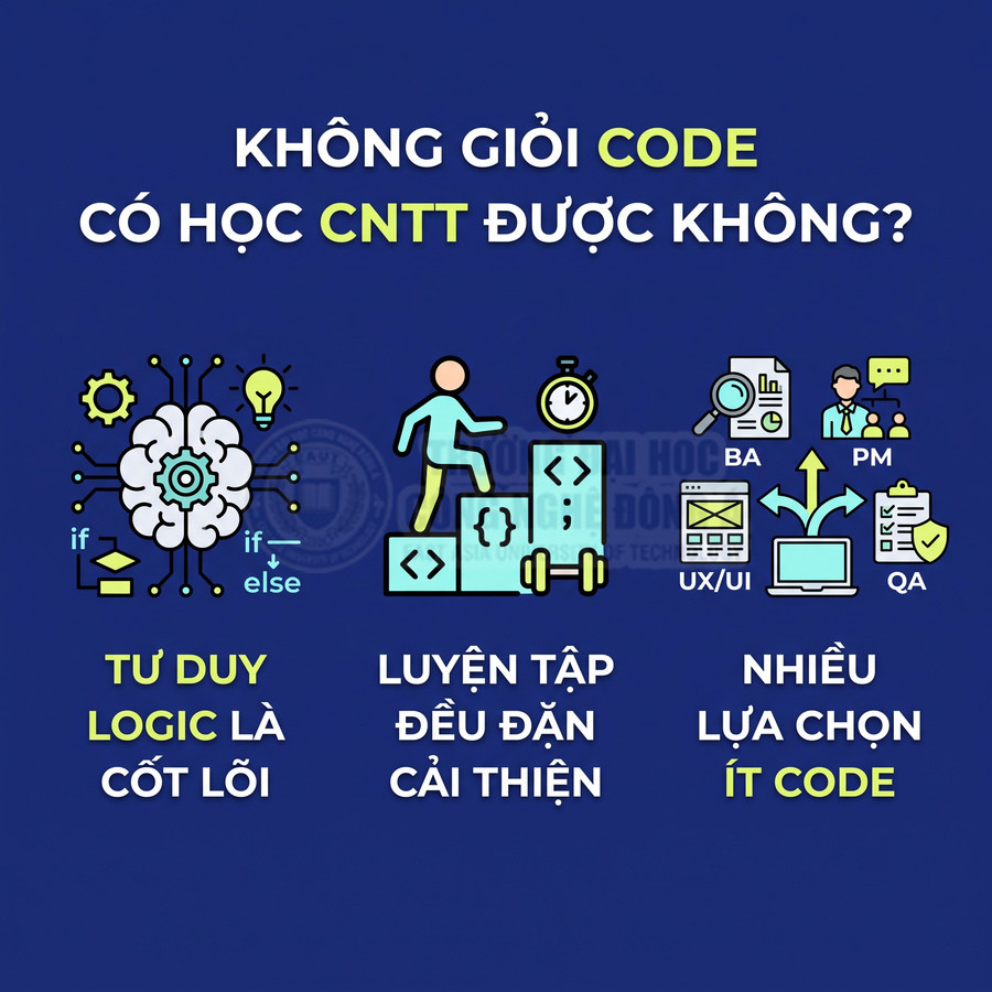 Hình minh họa giải thích người không giỏi code vẫn học CNTT nhờ tư duy logic, luyện tập và nhiều lựa chọn ít code