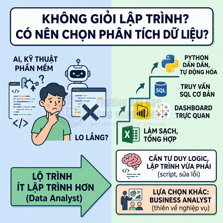 Infographic lộ trình học phân tích dữ liệu cho người không giỏi lập trình, dùng Excel, SQL, Python và dashboard trực quan