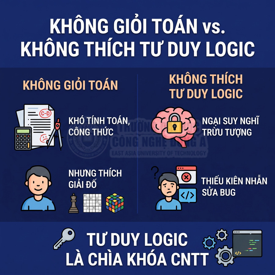 So sánh không giỏi toán và không thích tư duy logic, nhấn mạnh tư duy logic là chìa khóa học CNTT