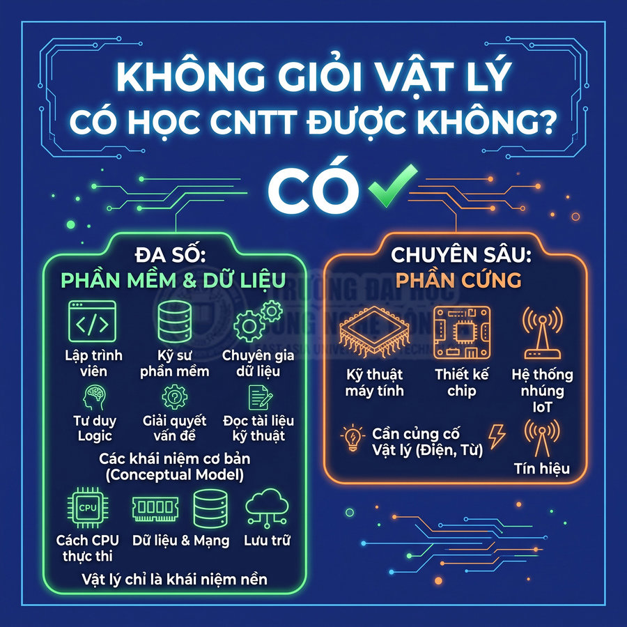 Infographic giải thích người không giỏi vật lý vẫn có thể học công nghệ thông tin, tập trung vào phần mềm và dữ liệu