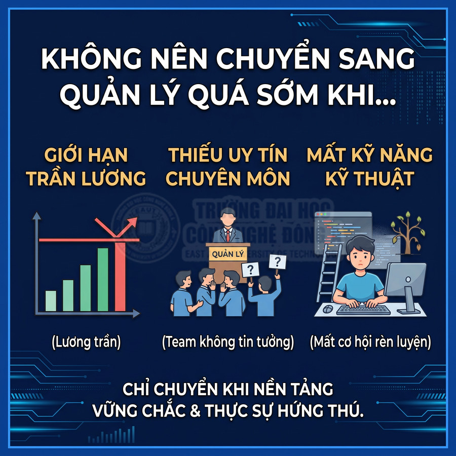Infographic lý do không nên chuyển sang vị trí quản lý quá sớm và khuyến nghị chỉ chuyển khi nền tảng vững chắc