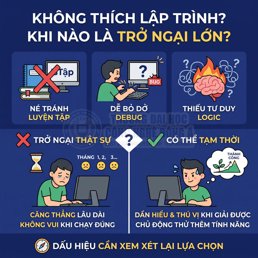 Infographic về các dấu hiệu không thích lập trình và phân biệt trở ngại thật sự hay tạm thời khi học code