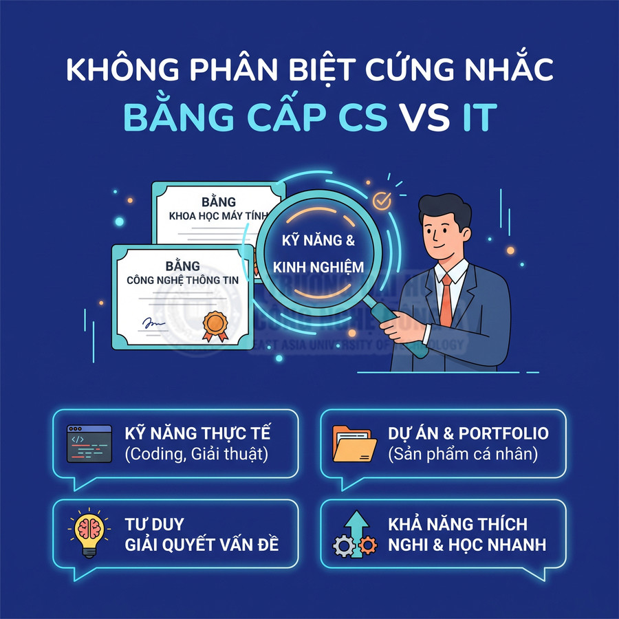 Minh họa so sánh bằng cấp CS và IT, nhấn mạnh kỹ năng, kinh nghiệm, dự án và tư duy giải quyết vấn đề