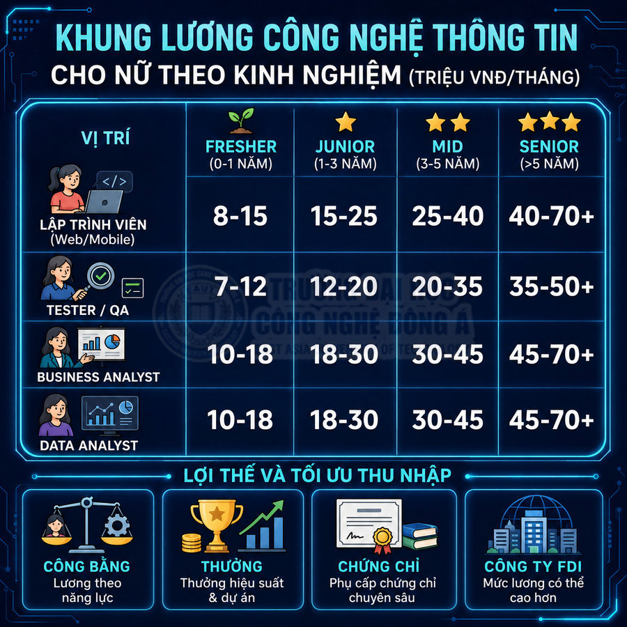 Bảng khung lương ngành công nghệ thông tin cho nữ theo kinh nghiệm và vị trí lập trình viên tester BA data analyst