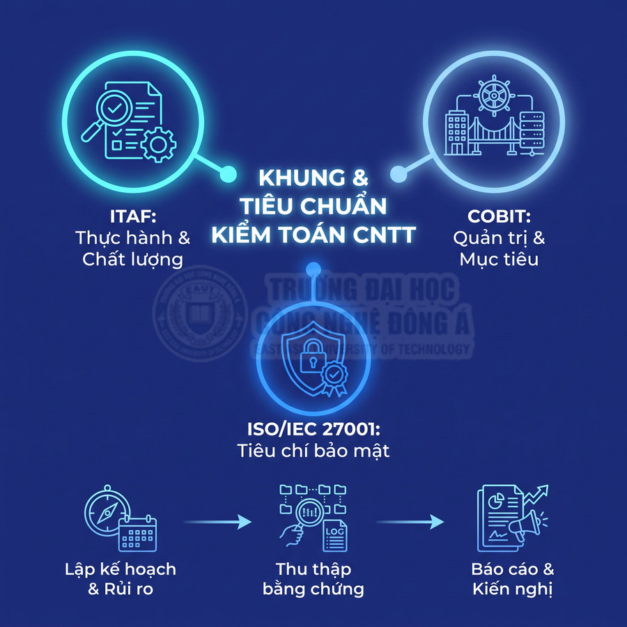 Khung và tiêu chuẩn kiểm toán CNTT gồm ITAF, COBIT, ISO/IEC 27001 và quy trình lập kế hoạch, thu thập bằng chứng, báo cáo kiến nghị